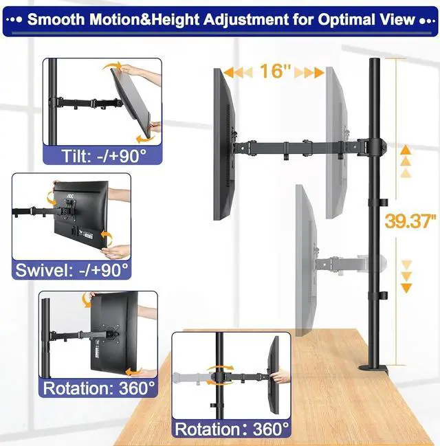 Alt view image 3 of 7 - HUANUO Monitor Arm Desk Mount, Fully Adjustable Stand Computer Mount for 13-32 In Screen, Ultra Wide Screen to 38In, Single Extra Tall 39 Inch Monitor Stand Holds up to 22lbs with C Clamp/Grommet Base