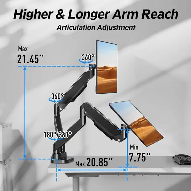 Alt view image 6 of 7 - MOUNTUP Dual Monitor Mount Fits 13-39 Screen, Ultrawide Dual Monitor Desk Mount Hold 4.4-33 lbs, Adjustable Gas Spring Double Monitor Arms, VESA Bracket with Clamp/Grommet, Computer Monitor Stand
