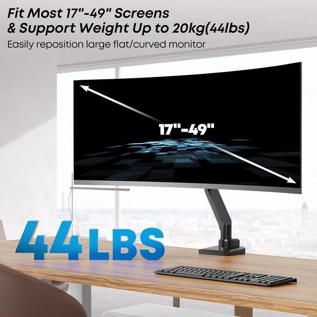 Alt view image 2 of 7 - IMtKotW Premium Heavy Duty Monitor Arm for 17 to 49 inch Screens up to 44lbs, Fully Adjustable Ultrawide Single Clamp-on Desk Mount Stand, VESA 75x75/100x100mm