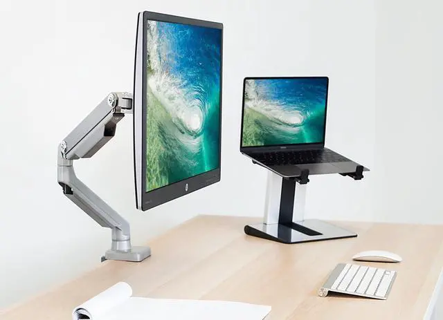Alt view image 2 of 6 - Mount-It! Single Monitor Arm Mount | Desk Stand | Full Motion Height Adjustable Articulating Mechanical Spring Arm | Fits 24 27 29 30 32 Inch VESA Compatible Computer Screen | C-Clamp and Grommet Base