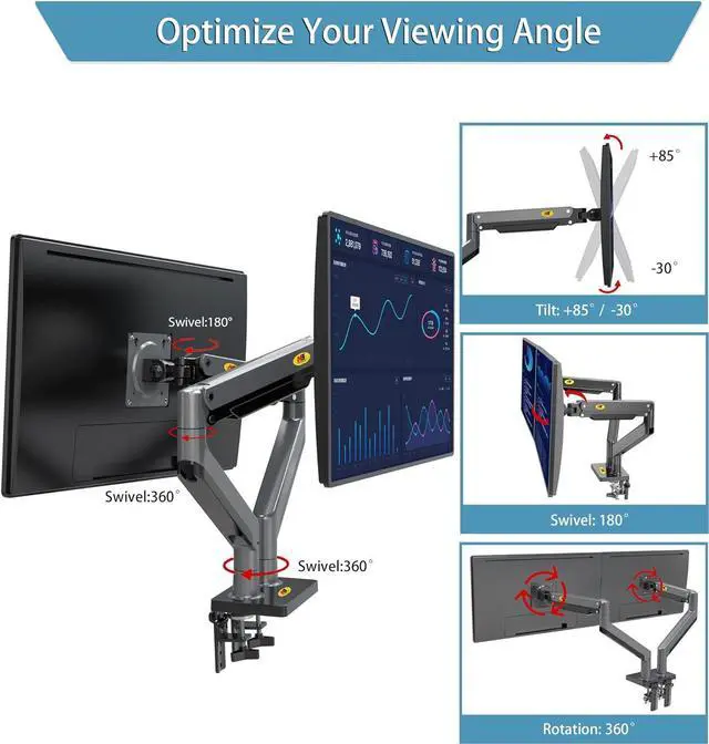 Alt view image 5 of 7 - NB North Bayou Dual Monitor Arm Ultra Wide Full Motion Swivel Monitor Mount for 22''-32'' Monitors Load Capacity from 4.4 to 26.4lbs for Each Arm Height Adjustable Monitor Stand G35