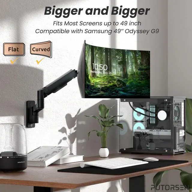 Alt view image 3 of 7 - PUTORSEN 17-49 inch Premium Ultrawide Monitor Wall Mount, Heavy Duty Single Wall Mount Monitor Arm up to 44lbs, Fully Adjustment, VESA 75/100/200, Black