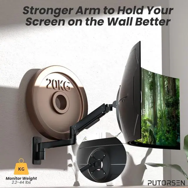 Alt view image 4 of 7 - PUTORSEN 17-49 inch Premium Ultrawide Monitor Wall Mount, Heavy Duty Single Wall Mount Monitor Arm up to 44lbs, Fully Adjustment, VESA 75/100/200, Black
