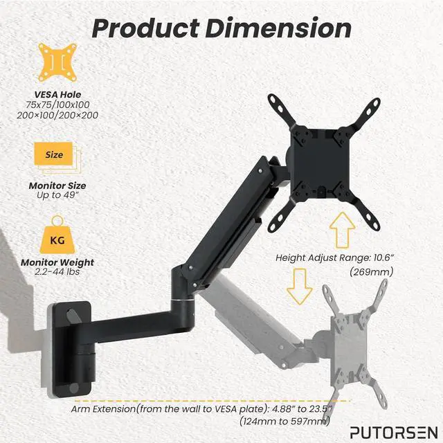 Alt view image 6 of 7 - PUTORSEN 17-49 inch Premium Ultrawide Monitor Wall Mount, Heavy Duty Single Wall Mount Monitor Arm up to 44lbs, Fully Adjustment, VESA 75/100/200, Black