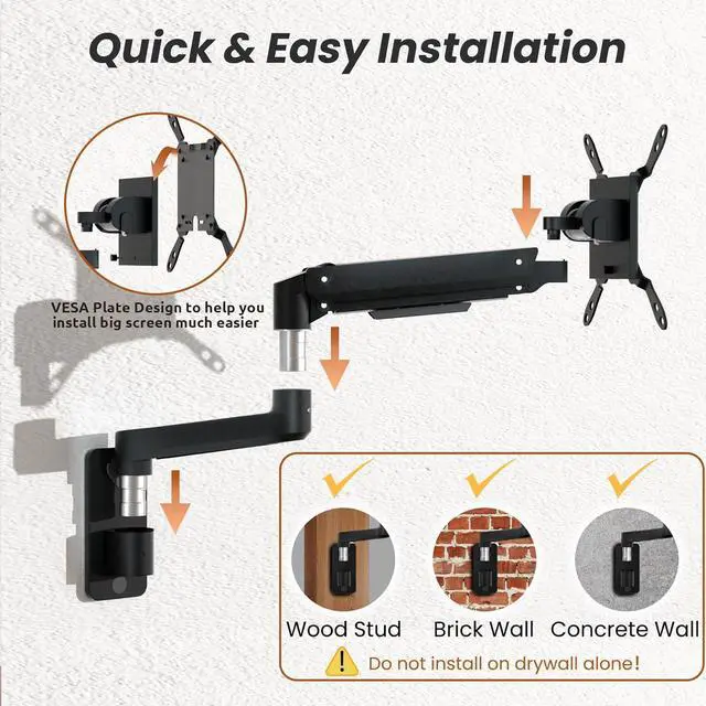 Alt view image 7 of 7 - PUTORSEN 17-49 inch Premium Ultrawide Monitor Wall Mount, Heavy Duty Single Wall Mount Monitor Arm up to 44lbs, Fully Adjustment, VESA 75/100/200, Black