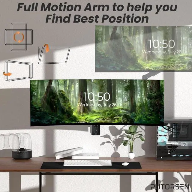Alt view image 5 of 7 - PUTORSEN 17-49 inch Premium Ultrawide Monitor Wall Mount, Heavy Duty Single Wall Mount Monitor Arm up to 44lbs, Fully Adjustment, VESA 75/100/200, Black