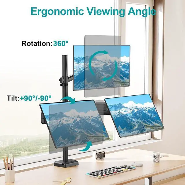 Alt view image 4 of 7 - MOUNT PRO Triple Monitor Mount for Max 32" Computer Screen, Adjustable 3 Monitor Desk Mount, up to 17.6lbs Each, Gas Spring Three Display Arm with Tilt Swivel Rotation, VESA Mount 75x75/100x100mm