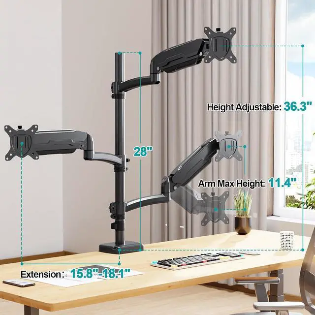 Alt view image 7 of 7 - MOUNT PRO Triple Monitor Mount for Max 32" Computer Screen, Adjustable 3 Monitor Desk Mount, up to 17.6lbs Each, Gas Spring Three Display Arm with Tilt Swivel Rotation, VESA Mount 75x75/100x100mm