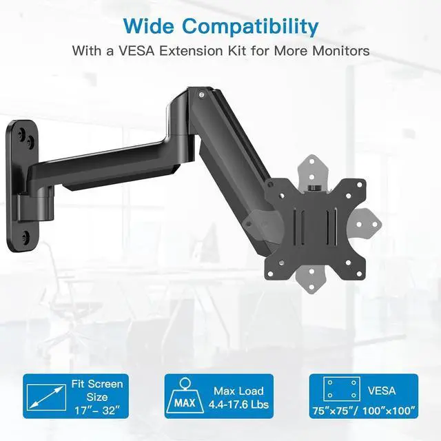 Alt view image 3 of 7 - HUANUO Single Monitor Wall Mount for 13 to 32 Inch Computer Screen, Monitor Wall Mount Arm Holds up to 17.6lbs, Height Adjustable Full Motion Gas Springcore Wall Monitor Mount-VESA Mount 75x75,100x100