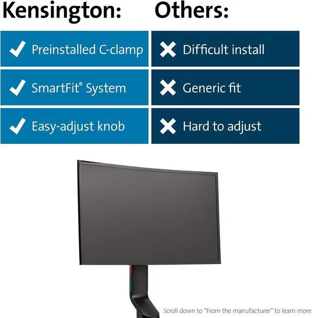 Alt view image 7 of 7 - Kensington Single Monitor Desk Mount, C-clamp Vesa Monitor Stand Fits up to 32 inch Ultrawide Samsung LG Monitor, Low Profile Vertical Mount, Height Adjustable Free Standing Monitor Arm,K55512WW Black