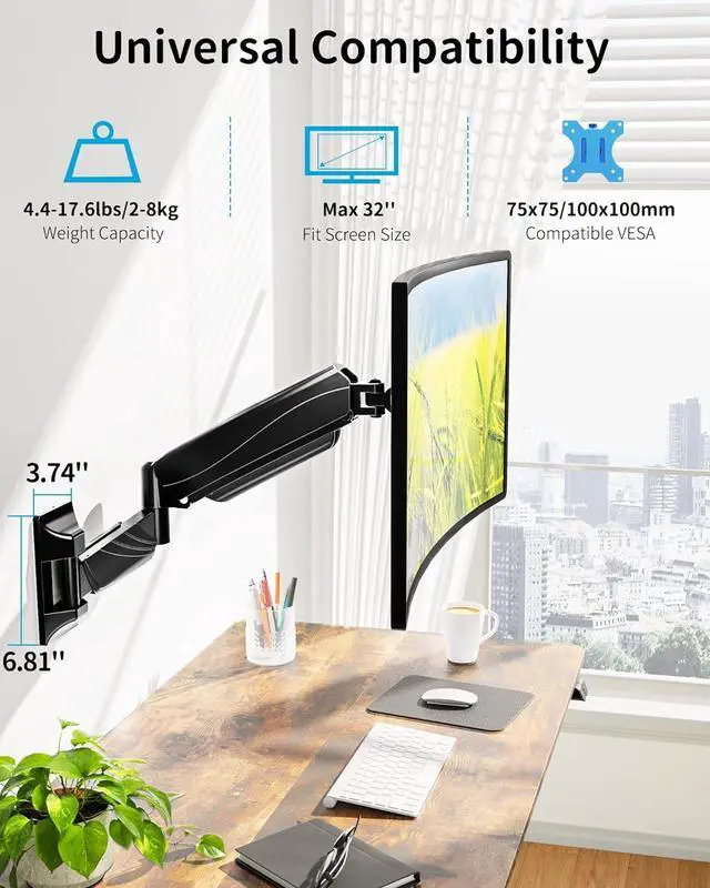 Alt view image 2 of 7 - MOUNTUP Single Monitor Wall Mount for 17-32 Inch Computer Screen, Wall Mounted Monitor Holder Support 4.4-17.6lbs Display, Gas Spring Monitor Arm, VESA Bracket for VESA 75x75mm and 100x100mm, Black