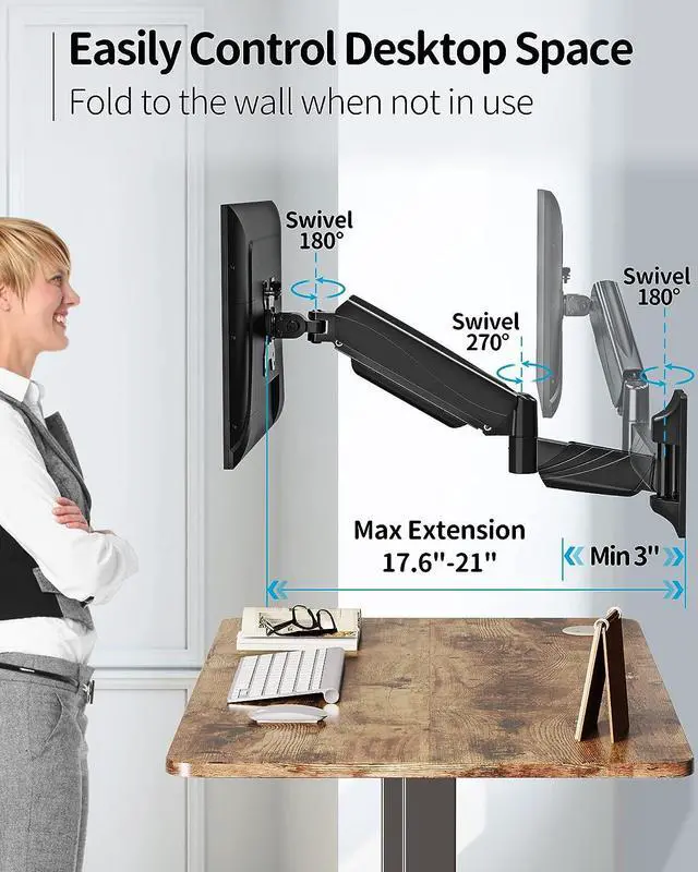 Alt view image 3 of 7 - MOUNTUP Single Monitor Wall Mount for 17-32 Inch Computer Screen, Wall Mounted Monitor Holder Support 4.4-17.6lbs Display, Gas Spring Monitor Arm, VESA Bracket for VESA 75x75mm and 100x100mm, Black