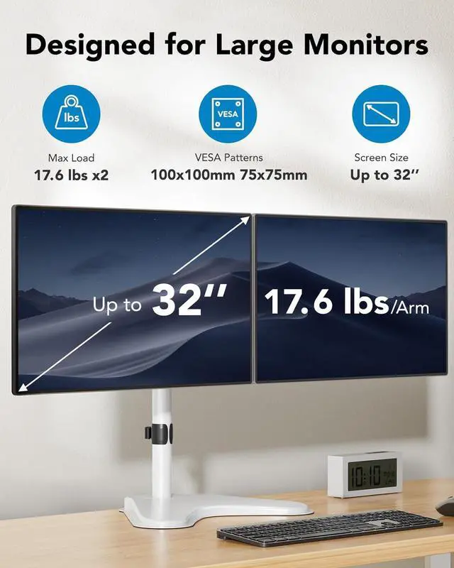 Alt view image 2 of 7 - HUANUO 32 inches Dual Monitor Stand up to 17.6lbs, High-Grade Aluminum Free-Standing Dual Monitors Mount for 2 Screens. Fully Adjustable Dual Monitor Stand for Desk with Tilt, Swivel, Rotation, White