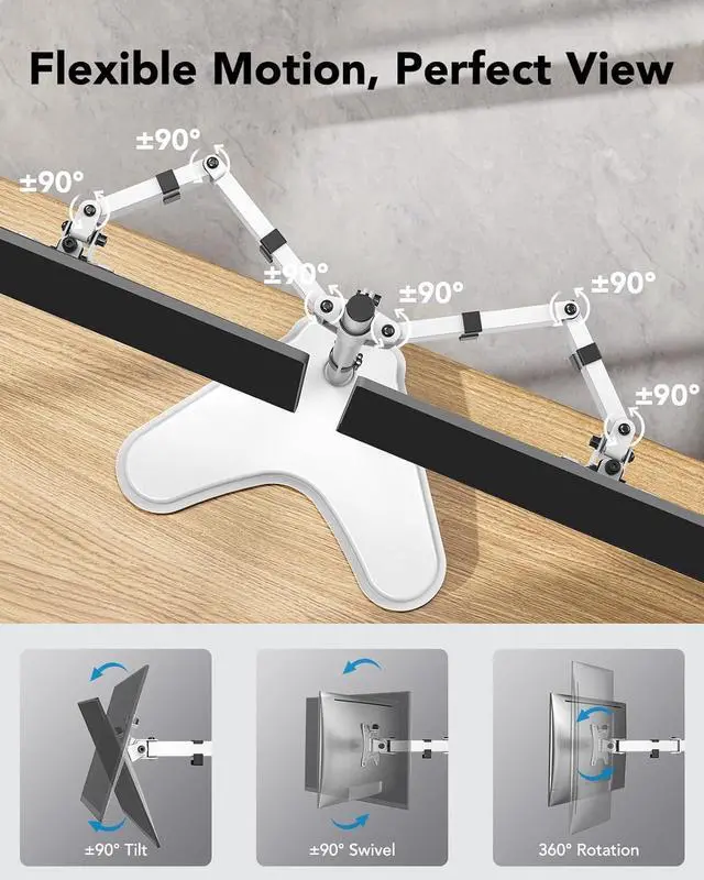 Alt view image 5 of 7 - HUANUO 32 inches Dual Monitor Stand up to 17.6lbs, High-Grade Aluminum Free-Standing Dual Monitors Mount for 2 Screens. Fully Adjustable Dual Monitor Stand for Desk with Tilt, Swivel, Rotation, White