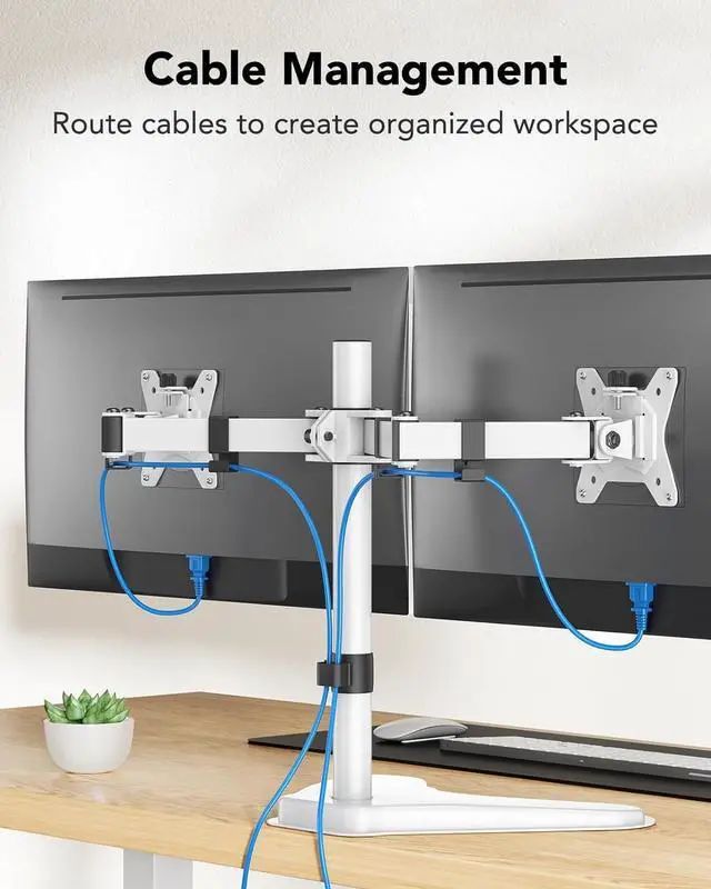 Alt view image 7 of 7 - HUANUO 32 inches Dual Monitor Stand up to 17.6lbs, High-Grade Aluminum Free-Standing Dual Monitors Mount for 2 Screens. Fully Adjustable Dual Monitor Stand for Desk with Tilt, Swivel, Rotation, White