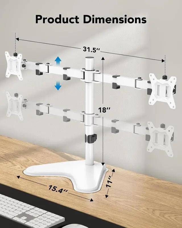 Alt view image 4 of 7 - HUANUO 32 inches Dual Monitor Stand up to 17.6lbs, High-Grade Aluminum Free-Standing Dual Monitors Mount for 2 Screens. Fully Adjustable Dual Monitor Stand for Desk with Tilt, Swivel, Rotation, White