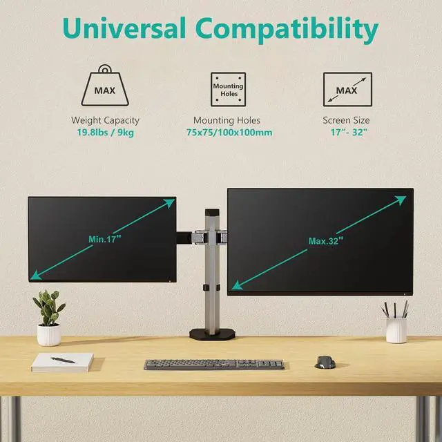 Alt view image 2 of 7 - WALI Dual Monitor Mount, Monitor Arm Fits 2 Screens up to 32 inch, Dual Monitor Stand for Desk 19.8 lbs Weight Capacity per Arm Fully Adjustable Designed for Home Office (M002N), Black