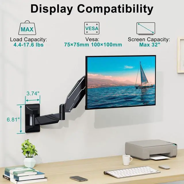 Alt view image 2 of 7 - MOUNT PRO Monitor Wall Mount for 13 to 32 Inch Computer Screens, Single Monitor Mount with Tilt/Swivel/Rotation Adjustable, Gas Spring Wall Arm Holds up to 17.6lbs, Vesa Wall Mount 100x100