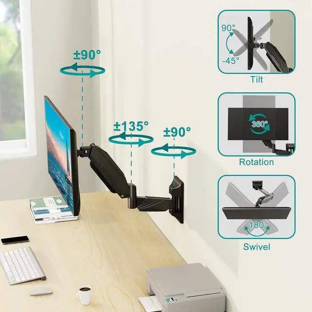 Alt view image 5 of 7 - MOUNT PRO Monitor Wall Mount for 13 to 32 Inch Computer Screens, Single Monitor Mount with Tilt/Swivel/Rotation Adjustable, Gas Spring Wall Arm Holds up to 17.6lbs, Vesa Wall Mount 100x100