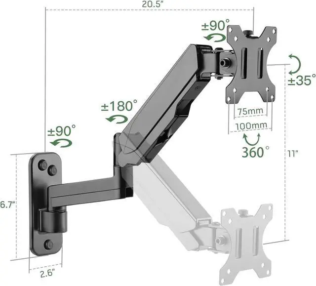 Alt view image 5 of 7 - Monitor Wall Mount, Computer Monitor Wall Mount for 17-32 inch Flat/Curved Screens, Gas Spring Single Wall Mount Monitor Arm Holds up to 17.6lbs, Tilt, VESA 75x75/100x100 mm