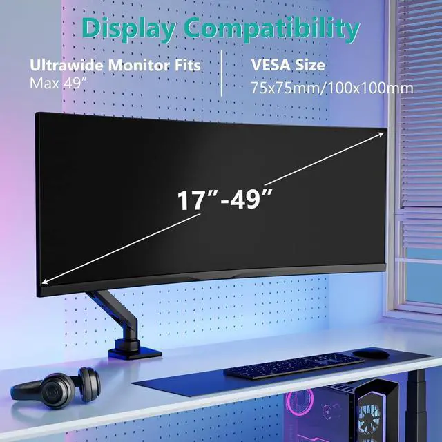 Alt view image 2 of 7 - WALI Ultrawide Monitor Arm for 17 to 49 Inch Heavy Duty Curved Screens, Holds 44 Lbs, Adjustable Gas Spring Single Monitor Desk Mount for Samsung Odyssey G9, 75x75/100x100 VESA (GSM001XL-P), Black