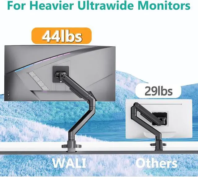 Alt view image 4 of 7 - WALI Ultrawide Monitor Arm for 17 to 49 Inch Heavy Duty Curved Screens, Holds 44 Lbs, Adjustable Gas Spring Single Monitor Desk Mount for Samsung Odyssey G9, 75x75/100x100 VESA (GSM001XL-P), Black