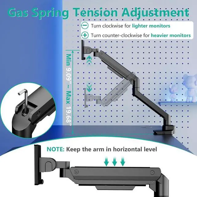 Alt view image 7 of 7 - WALI Ultrawide Monitor Arm for 17 to 49 Inch Heavy Duty Curved Screens, Holds 44 Lbs, Adjustable Gas Spring Single Monitor Desk Mount for Samsung Odyssey G9, 75x75/100x100 VESA (GSM001XL-P), Black