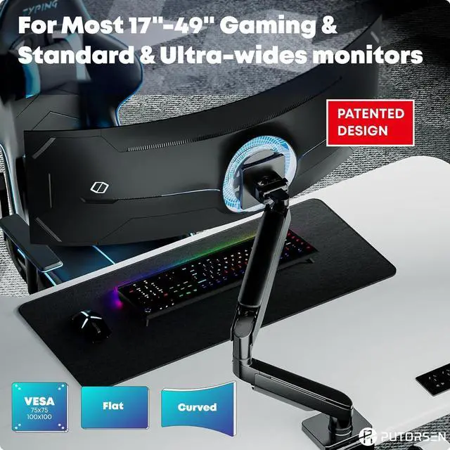 Alt view image 2 of 7 - Heavy Duty Monitor-Arm for 17"-49" Ultrawide - Aluminum Full Motion Single Monitor Arm Desk Mount for Office & Gaming, Adjustable Gas Spring, Ergonomic, VESA 75/100 mm, Max Load 44lbs, Black
