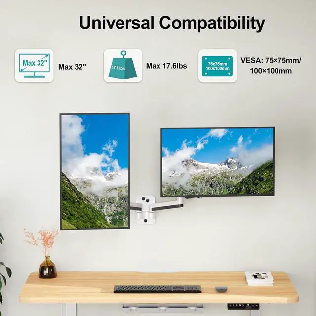 Alt view image 2 of 5 - MOUNT PRO Dual Monitor Wall Mount for 13 to 32 Inch Computer Screens, Gas Spring Wall Monitor Arm for 2 Monitors, Each Holds Up to 17.6lbs, Adjustable Wall Monitor Mount with VESA 75x75/100x100, White