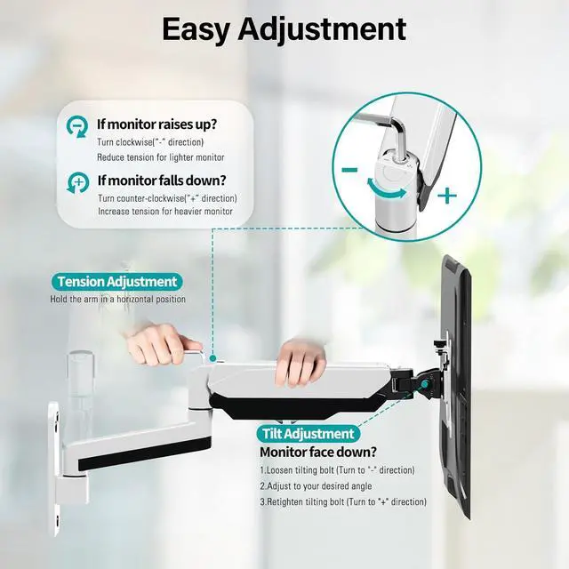 Alt view image 3 of 5 - MOUNT PRO Dual Monitor Wall Mount for 13 to 32 Inch Computer Screens, Gas Spring Wall Monitor Arm for 2 Monitors, Each Holds Up to 17.6lbs, Adjustable Wall Monitor Mount with VESA 75x75/100x100, White