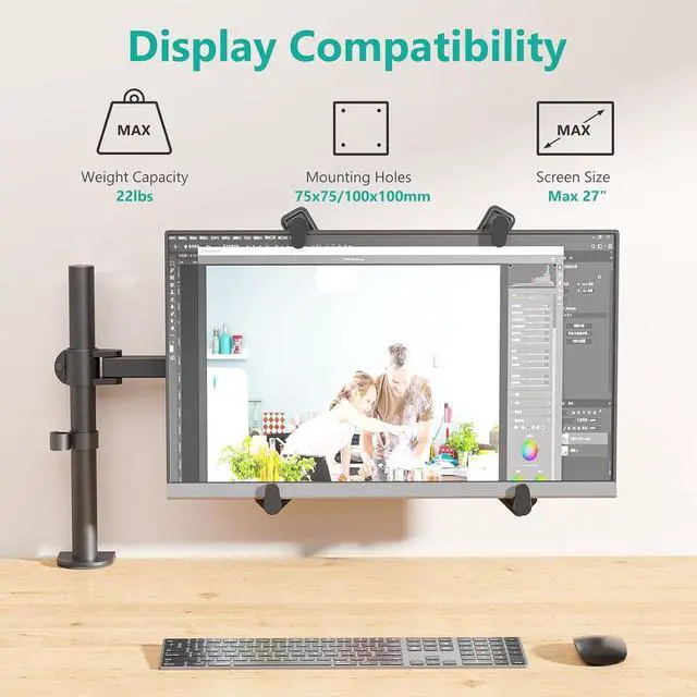 Alt view image 2 of 6 - WALI Single Monitor Arm Desk Mount, with Mounting Adaptor Brackets, Monitor Arm Holds Up to 27 Screens Without Mounting Holes, Adjustable Stand for Home, Office, School Application, (M001U), Black