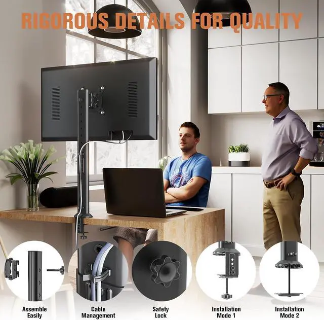 Alt view image 4 of 7 - HEMUDU Single Tall Desk Monitor Arm Mount Stand Fit for 27 inch to 42 inch Flat Curved Computer Screen with Swivel, Height Adjustable, Rotation,Holds up to 77lbs, Black