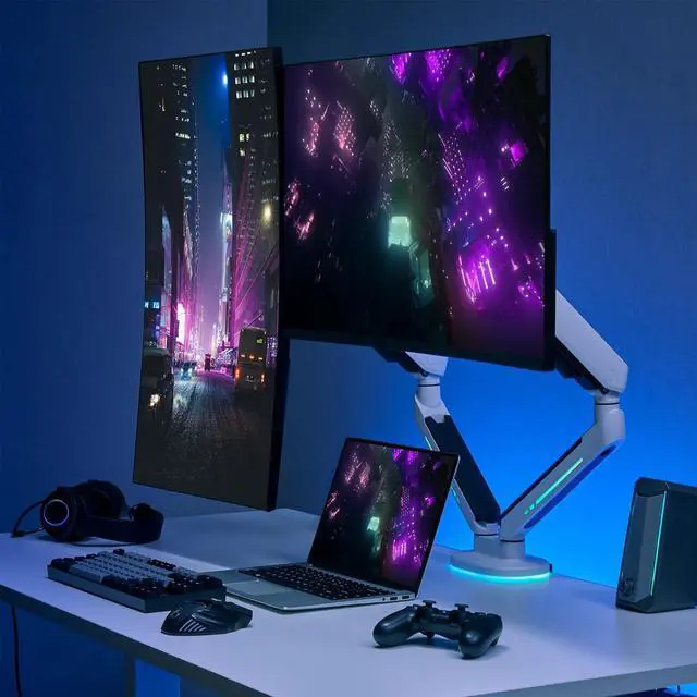 Alt view image 2 of 7 - AVLT Dual 27-43 RGB Gaming Monitor Arm Desk Mount Built-in 20 Lighting Modes Touch Button Control Fits Flat/Curved/Ultrawide Screen Height Swivel Tilt Rotation Adjustable Stand -White