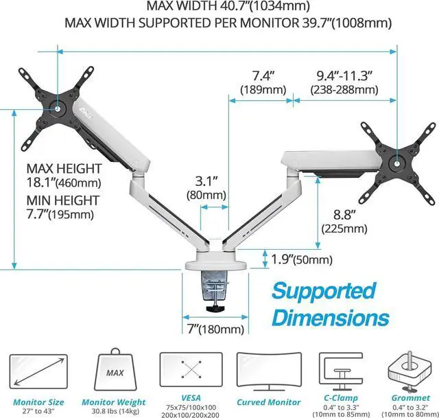 Alt view image 4 of 7 - AVLT Dual 27-43 RGB Gaming Monitor Arm Desk Mount Built-in 20 Lighting Modes Touch Button Control Fits Flat/Curved/Ultrawide Screen Height Swivel Tilt Rotation Adjustable Stand -White