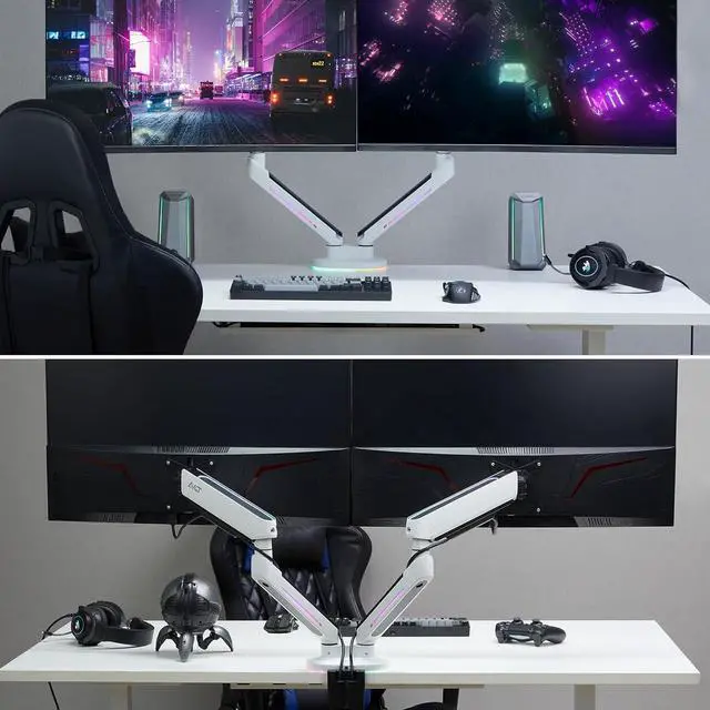 Alt view image 5 of 7 - AVLT Dual 27-43 RGB Gaming Monitor Arm Desk Mount Built-in 20 Lighting Modes Touch Button Control Fits Flat/Curved/Ultrawide Screen Height Swivel Tilt Rotation Adjustable Stand -White