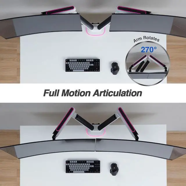 Alt view image 6 of 7 - AVLT Dual 27-43 RGB Gaming Monitor Arm Desk Mount Built-in 20 Lighting Modes Touch Button Control Fits Flat/Curved/Ultrawide Screen Height Swivel Tilt Rotation Adjustable Stand -White