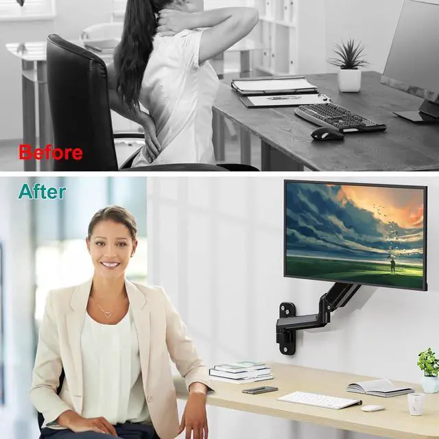 Alt view image 7 of 7 - Monitor Wall Mount Fits 17-32 Inch Flat/Curved Computer Screens, Single Arm Holds up to 19.8lbs, Height Adjustable Gas Spring Wall Monitor Stand Tilt, VESA Mount 75x75/100x100