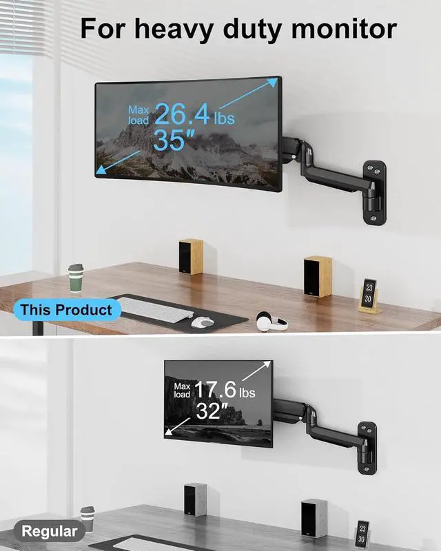 Alt view image 2 of 7 - Monitor Wall Mount Fits Max 35 Inch/26.4lbs Computer Screen, Ultrawide Premium Single Arm, Full Motion Gas Spring Wall Monitor Mount with VESA Extension Kit for Max VESA 200x200mm