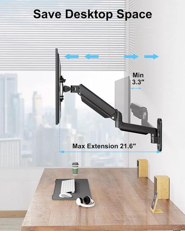 Alt view image 4 of 7 - Monitor Wall Mount Fits Max 35 Inch/26.4lbs Computer Screen, Ultrawide Premium Single Arm, Full Motion Gas Spring Wall Monitor Mount with VESA Extension Kit for Max VESA 200x200mm