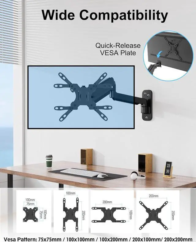 Alt view image 6 of 7 - Monitor Wall Mount Fits Max 35 Inch/26.4lbs Computer Screen, Ultrawide Premium Single Arm, Full Motion Gas Spring Wall Monitor Mount with VESA Extension Kit for Max VESA 200x200mm