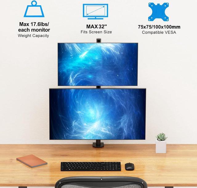 Alt view image 6 of 7 - Vertical Dual Monitor Stand, Stacked Monitor Mount for 2 Screen Max 32 inches, Computer Monitor Arm Holds up to 17.6 lbs Each, Height Adjustable, Swivel, Tilt Monitor Desk Mount, VESA 75/100