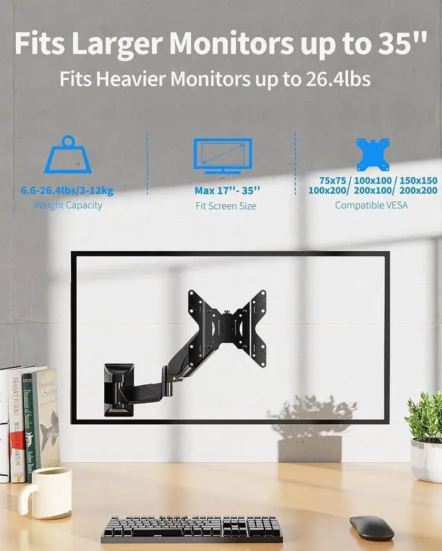 Alt view image 3 of 7 - MOUNTUP Monitor Wall Mount for Max 35 Inch Screen, Ultrawide Wall Mount Monitor Arm Holds 6.6-26.4lbs, Full Motion Adjustable Wall Bracket, Gas Spring Monitors Stand with VESA Extension 200x200mm