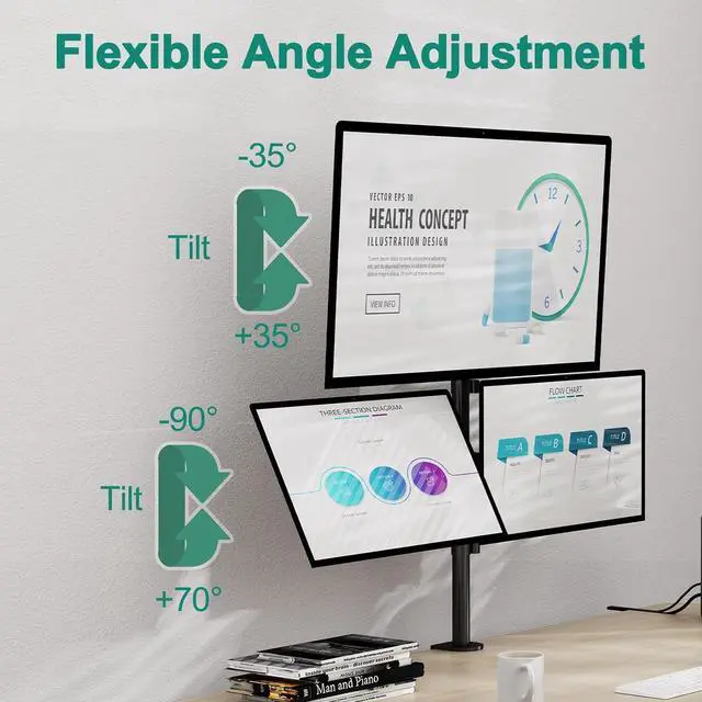 Alt view image 2 of 7 - Triple Monitor Stand, Desk Mount for Three Screens up to 32 Inch, Stacked Monitor Arm for 3 Monitors Max 17.6lbs per Arm, Height Adjustable, Tilt, Swivel VESA Mount 75/100x100mm