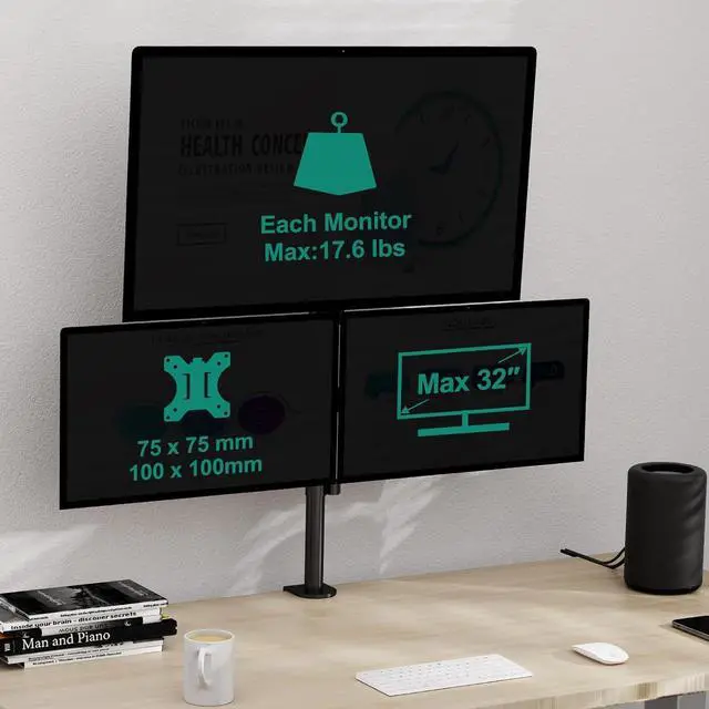 Alt view image 5 of 7 - Triple Monitor Stand, Desk Mount for Three Screens up to 32 Inch, Stacked Monitor Arm for 3 Monitors Max 17.6lbs per Arm, Height Adjustable, Tilt, Swivel VESA Mount 75/100x100mm