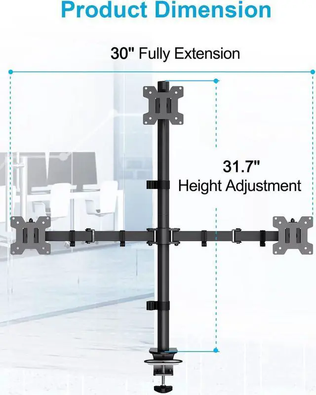 Alt view image 7 of 7 - MOUNTUP Triple Monitor Stand, Height Adjustable Monitor Desk Mount Fit for Three 17 to 32 Inch Computer Screens, Stacked Monitor Arm for 3 monitors, with C-Clamp and Grommet Base,up to 17.6lbs per Arm