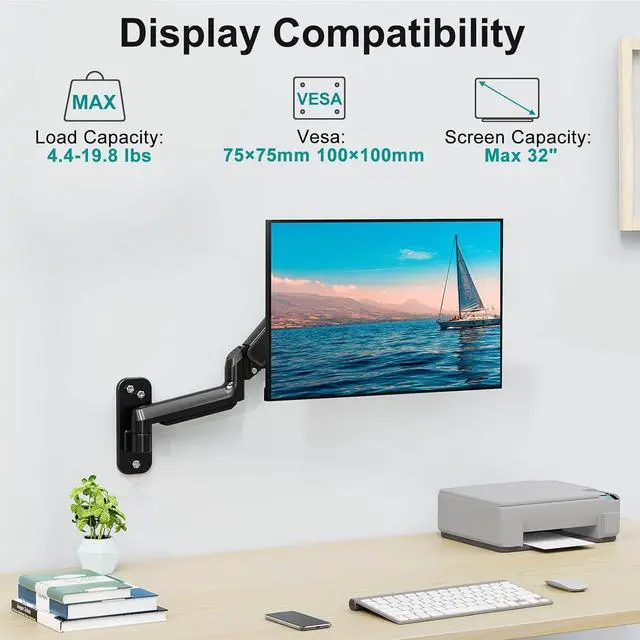 Alt view image 2 of 7 - Monitor Wall Mount Fits 17-32 Inch Flat/Curved Computer Screens, Single Arm Holds up to 19.8lbs, Height Adjustable Gas Spring Wall Monitor Stand Tilt, VESA Mount 75x75/100x100
