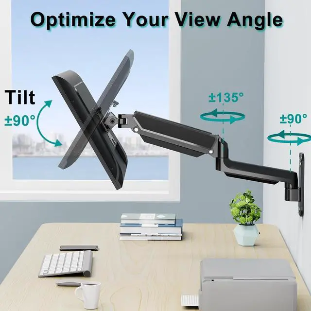 Alt view image 3 of 7 - Monitor Wall Mount Fits 17-32 Inch Flat/Curved Computer Screens, Single Arm Holds up to 19.8lbs, Height Adjustable Gas Spring Wall Monitor Stand Tilt, VESA Mount 75x75/100x100