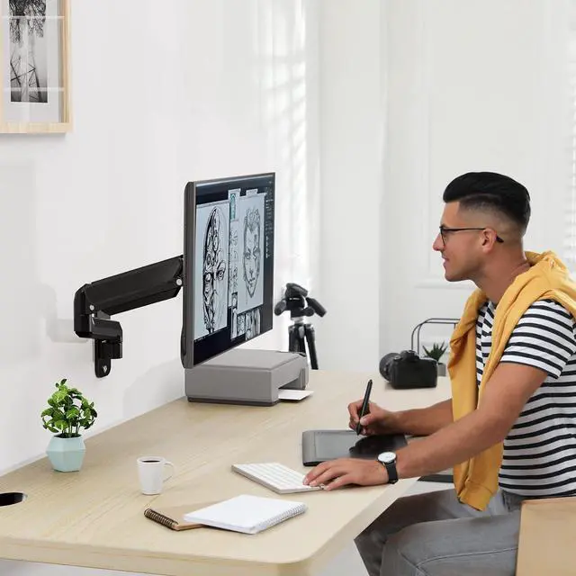 Alt view image 5 of 7 - Monitor Wall Mount Fits 17-32 Inch Flat/Curved Computer Screens, Single Arm Holds up to 19.8lbs, Height Adjustable Gas Spring Wall Monitor Stand Tilt, VESA Mount 75x75/100x100