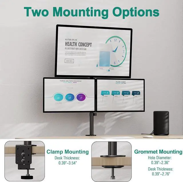 Alt view image 4 of 7 - Triple Monitor Stand, Desk Mount for Three Screens up to 32 Inch, Stacked Monitor Arm for 3 Monitors Max 17.6lbs per Arm, Height Adjustable, Tilt, Swivel VESA Mount 75/100x100mm