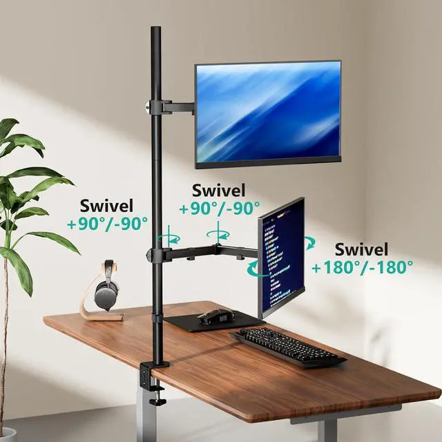 Alt view image 6 of 7 - WALI Dual Vertically Stacked Monitor Desk Mount, Extra Tall Adjustable Stand for 2 Ultrawides up to 32 inches, Fully Adjustable Extended Arms Fits Two Screens up to 32 inch 22 lbs (M12XXL), Black